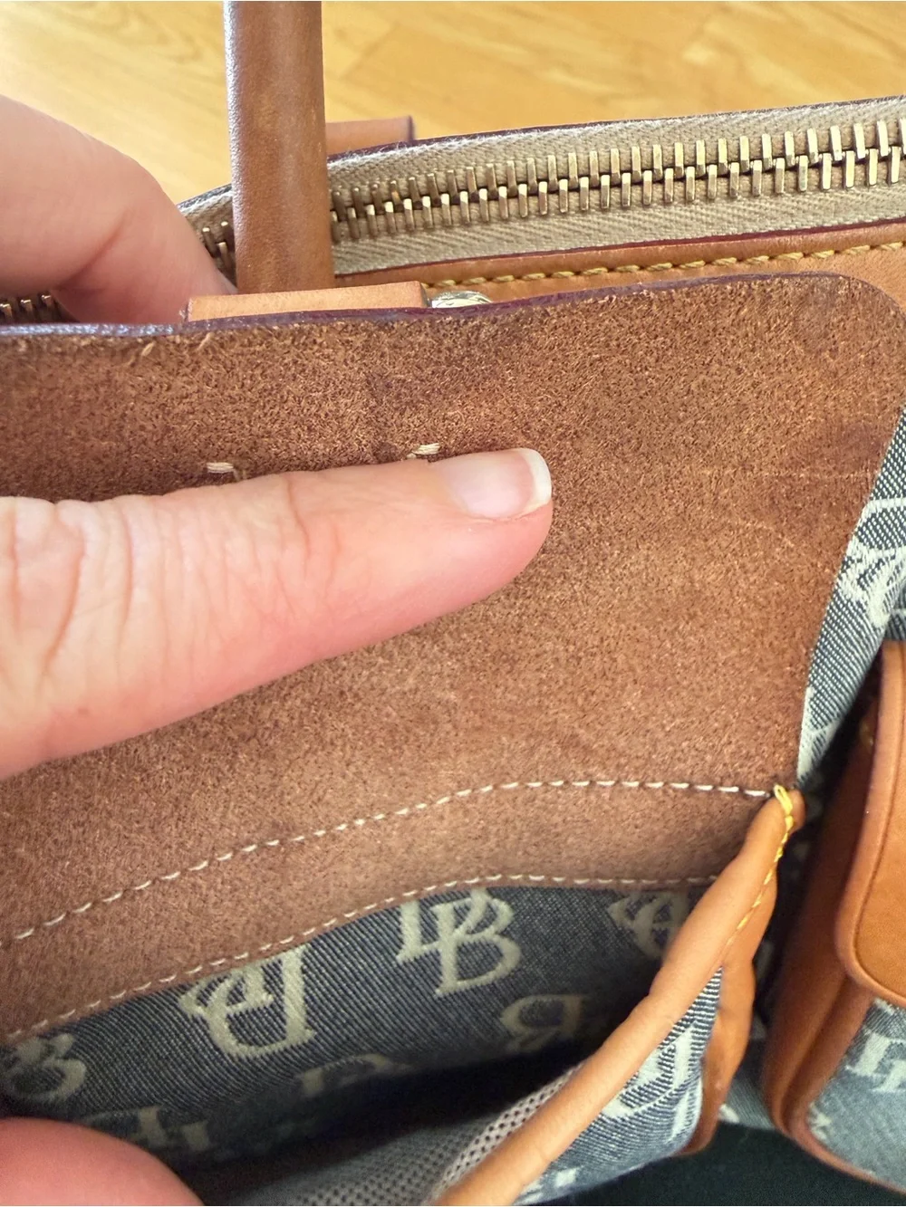 Vintage Dooney & Bourke Blue Monogram Canvas with Brown Leather Trim Satchel